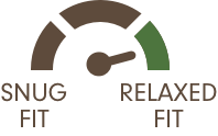 Logo comparing 'Snug Fit' and 'Relaxed Fit' with a gauge-like design.
