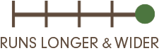 Logo with text 'RUNS LONGER & WIDER' and a green dot on a white background